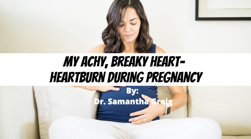 A pregnant woman sitting on a couch with the words my ach, breah, heartburn.