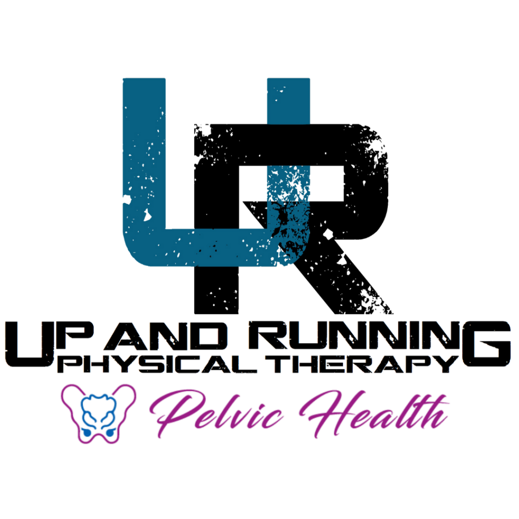 Logo of up and running physical therapy, featuring blue and black text, with a stylized abstract figure forming part of the "u." below, a pink emblem reads "pelvic health.