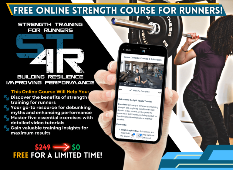 Promotional graphic for a "free online strength course for runners" featuring text details, pricing offer, and an image of a hand holding a smartphone displaying the course interface, intermixed with dynamic images of