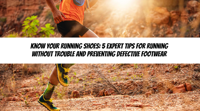 A runner in motion on a dusty trail, wearing orange and focusing on the path ahead. Above, text provides tips from physical therapy experts on choosing running shoes to avoid issues and defective footwear.